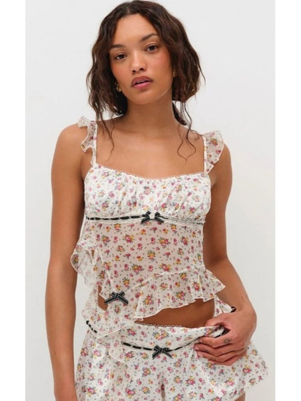 For Love & Lemons Ivory Floral Ruffle Cami Top Lace Bow Asymmetrical Y2K